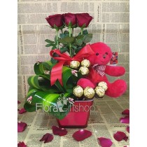 Red Teddy Bear Hugs Roses