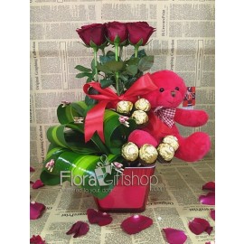 Red Teddy Bear Hugs Roses